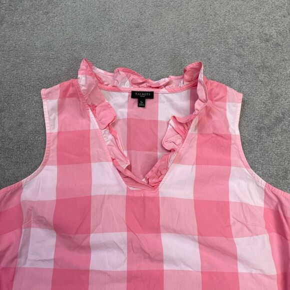 Talbots Womens Check Print Ruffled V-neck Sleeveless Top Pink White Small 4-6 - Picture 2 of 7